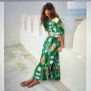 Oliphant, puff sleeve maxi grenadine green dress